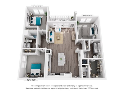 Floor plan for 3 beds, 2 baths, 1360 sqft